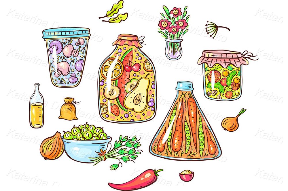 clipart set of cartoon pickled or marinated vegetables and spices
