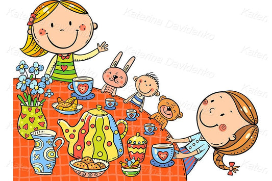Cartoon girls playing with toys, vector illustration