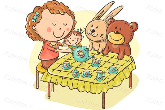 Girl playing with toys, cartoon illustration