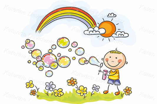 Child blowing soap bubbles vector illustration