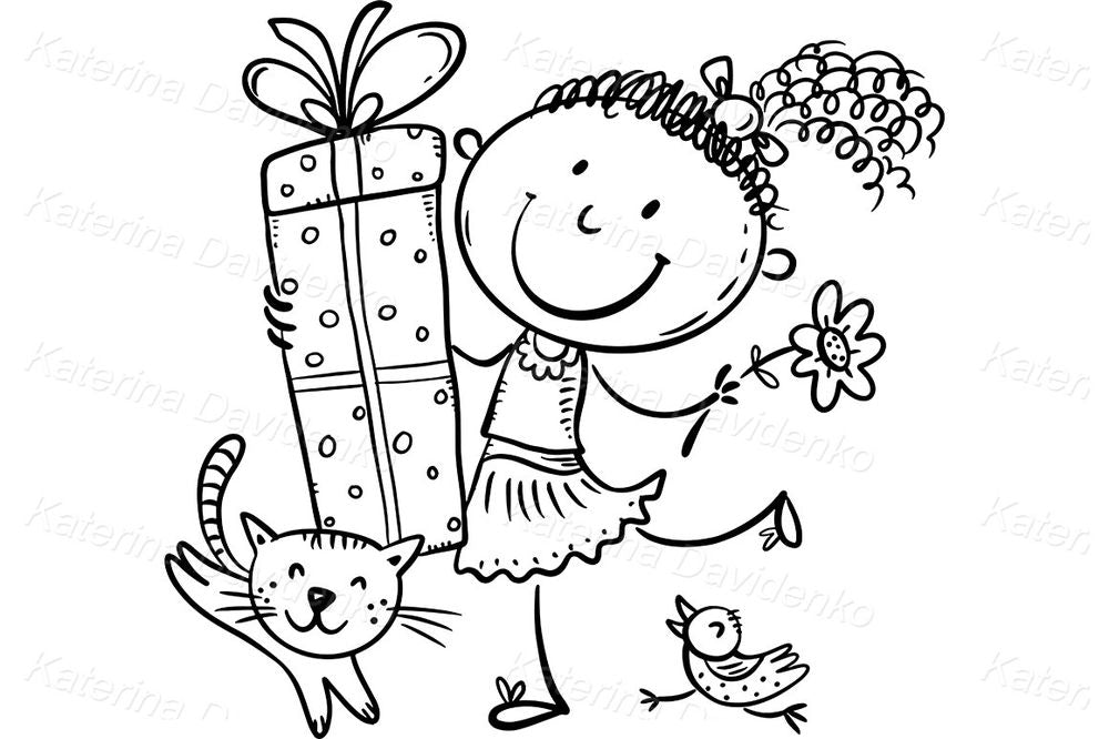 Happy Girl with Gift Clipart – Birthday Present, Cat & Flower