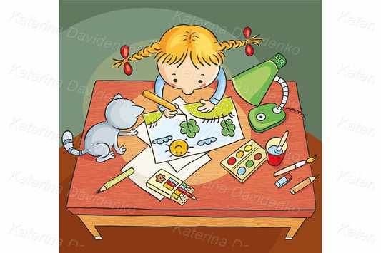 Girl drawing a picture, kids creative activities clipart