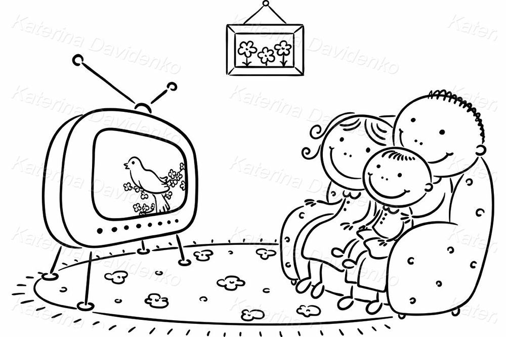 Family Watching TV – Cozy Hand-Drawn Clipart Scene