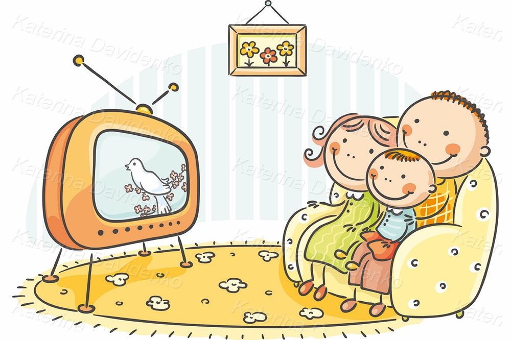 Family watching retro TV cartoon vector art