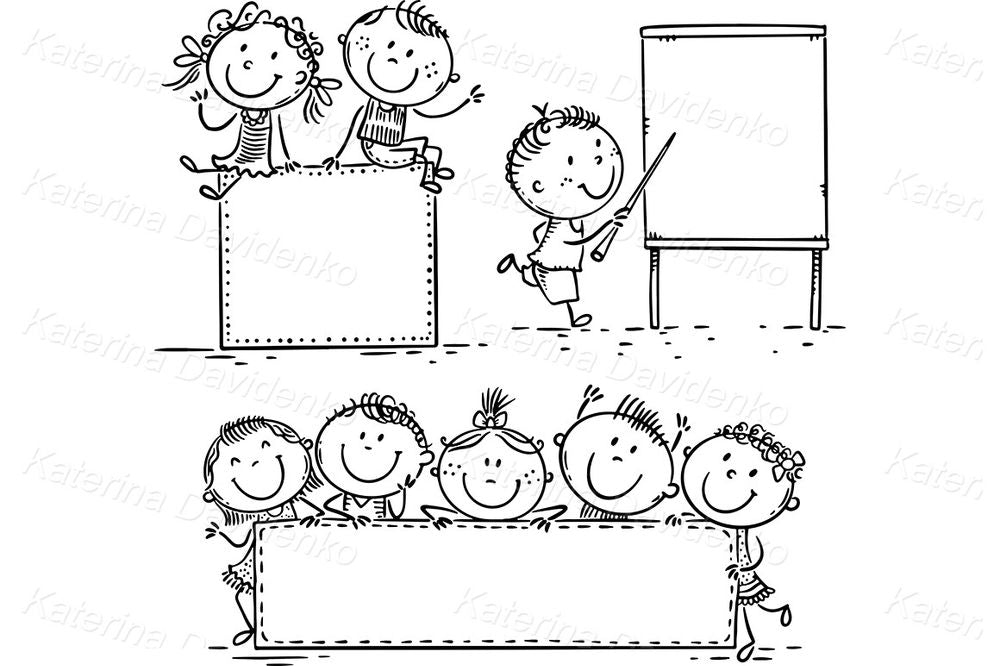 School kids with signs clipart – cute children at chalkboard and message frames, back to school classroom vector for labels or worksheets