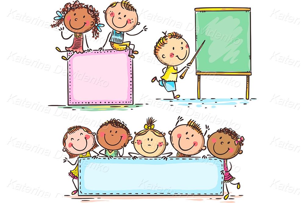 Doodle kids with blank frames and deskboard clipart set