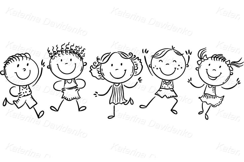 Jumping kids clipart – diverse happy children dancing, cartoon boys and girls doodle set for kids party, classroom, or craft designs