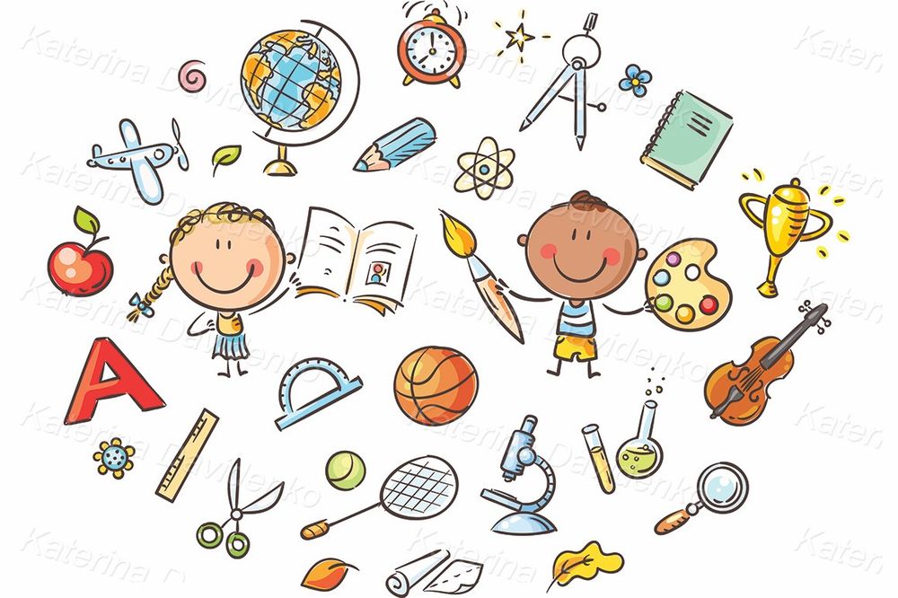 Doodle kids with school objects clipart set