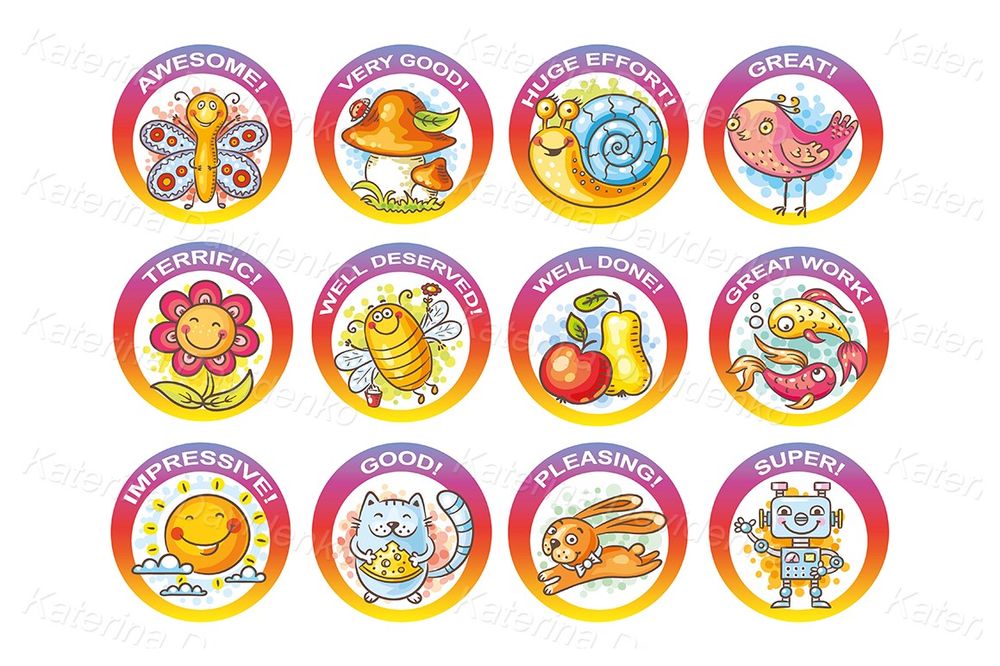Colorful cartoon reward stickers – motivational badge clipart for kids and teachers