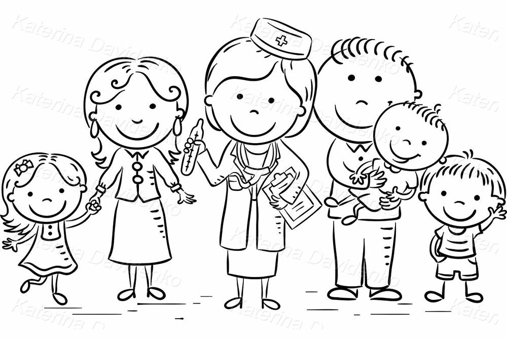 Family at pediatric clinic – cartoon doctor visit clipart for health education