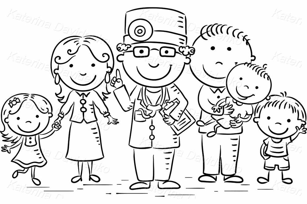 Doctor and family cartoon clipart – pediatrician with kids and parents illustration