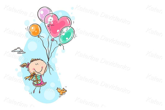 Birthday greeting card, girl with balloons and presents