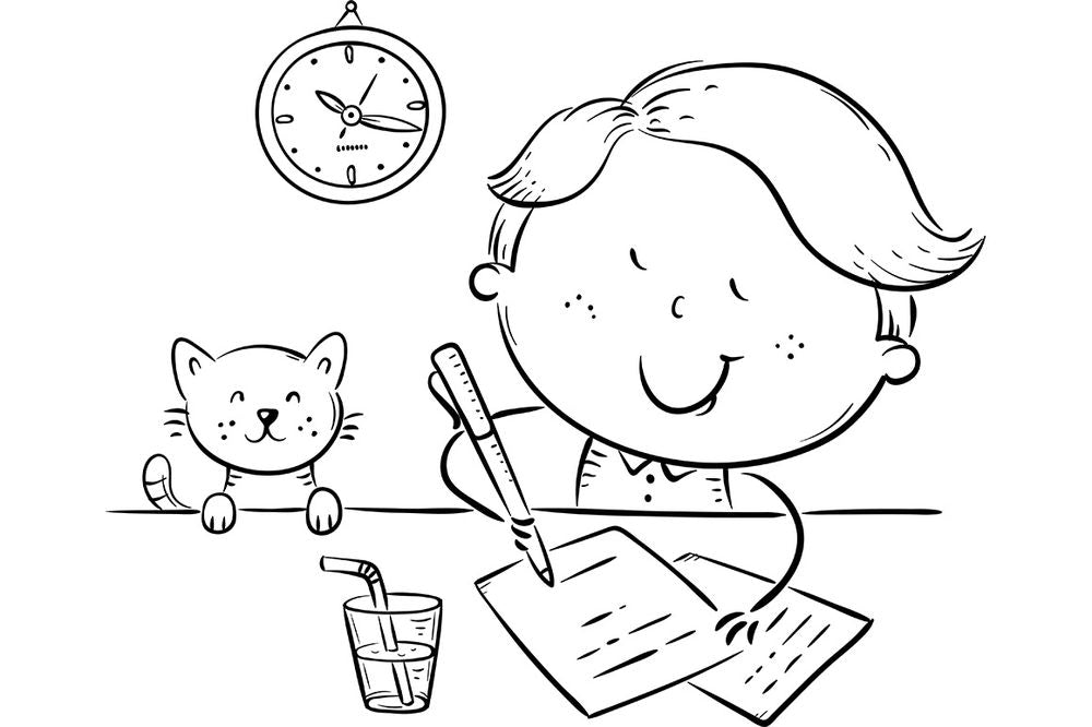 Cute boy writing homework clipart – school desk, cat, clock & drink illustration for educational printables