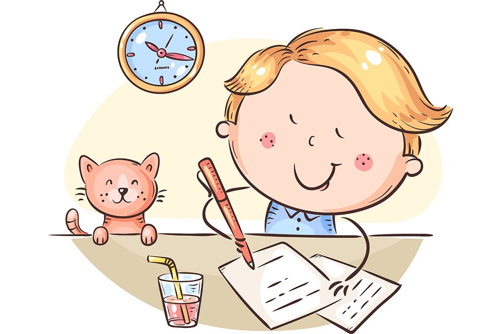 Child making homework, school clipart