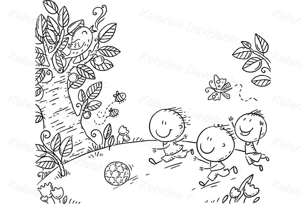 Happy kids playing football/soccer, running in nature clipart – playful children for spring or summer designs