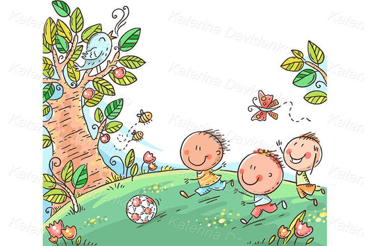 Kids playing football, hand drawn vector illustration