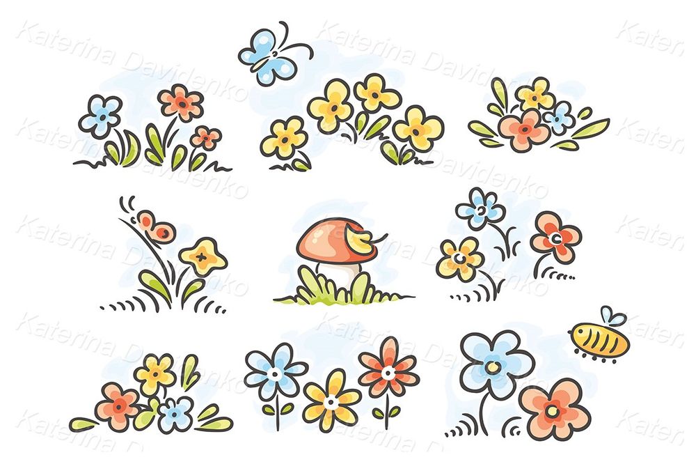 Cute flower and insect doodle clipart for crafts and printables ...