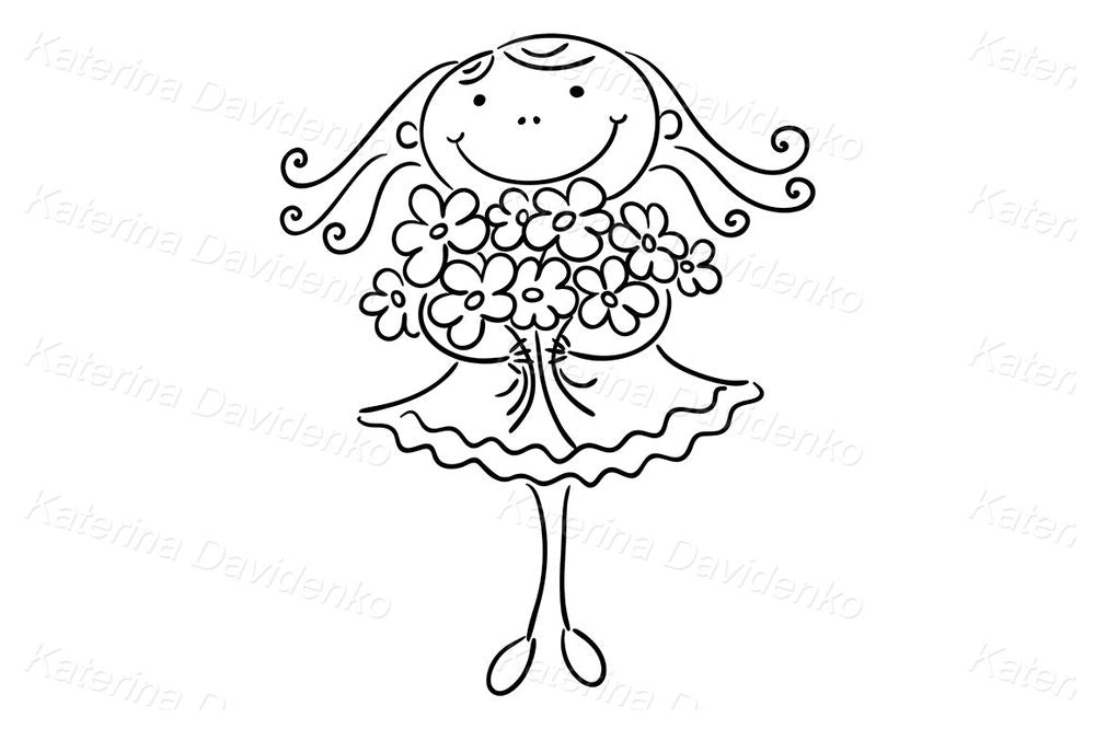 Girl holding flower bouquet clipart – cute floral doodle for spring cards & kids crafts