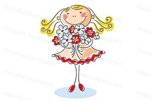 happy girl with flowers, doodle kid vector illustration