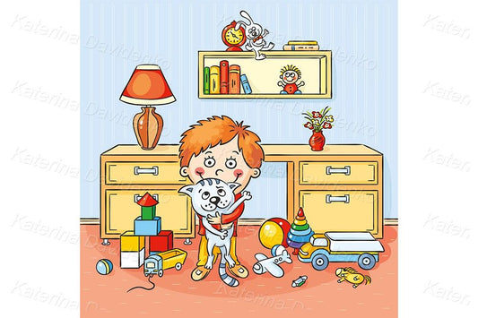 Vector illustration. Cartoon kid holding his cat in kids room