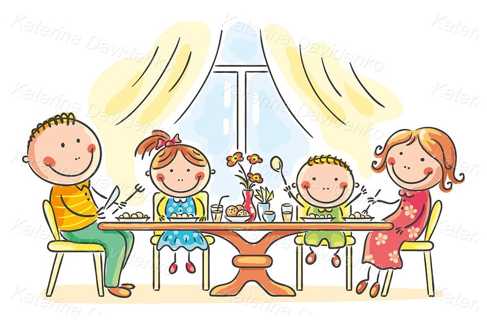 Cartoon family having meal at table illustration