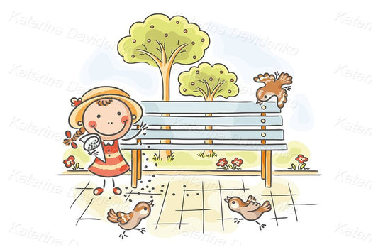 doodle cartoon happy girl feeding sparrows in the park illustration