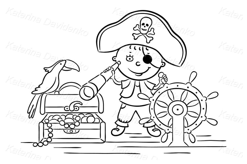 Cute Pirate Kid with Parrot and Treasure – Fun Adventure Clipart