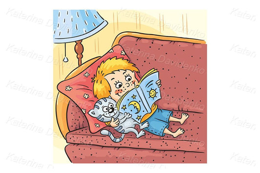 Cartoon kid illustration. Boy is reading a book