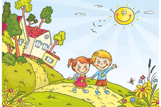 Happy cartoon kids walking in the countryside illustration