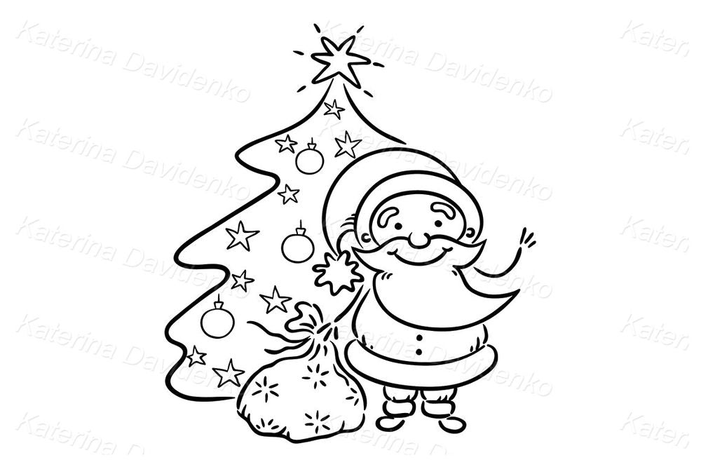 Santa with Christmas tree clipart for greeting cards & crafts