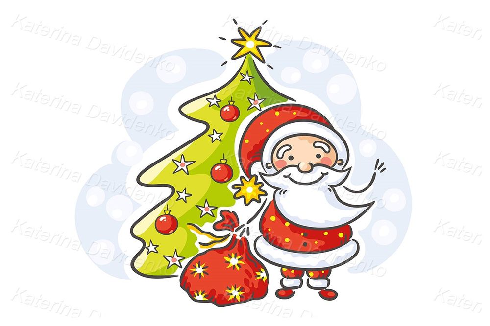 Cartoon Santa with presents and Christmas tree clipart
