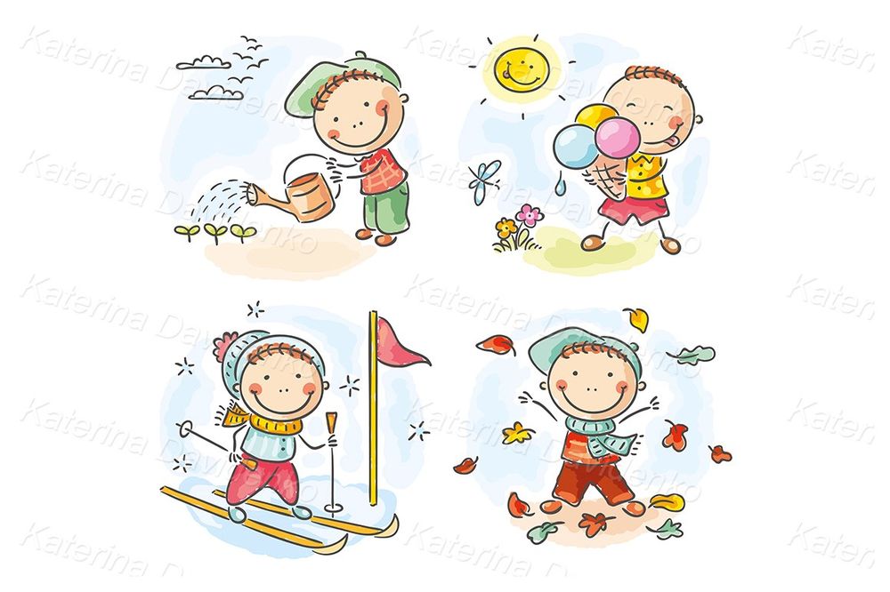 Cartoon boy activities during the four seasons