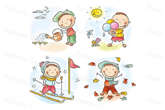 Cartoon boy activities during the four seasons