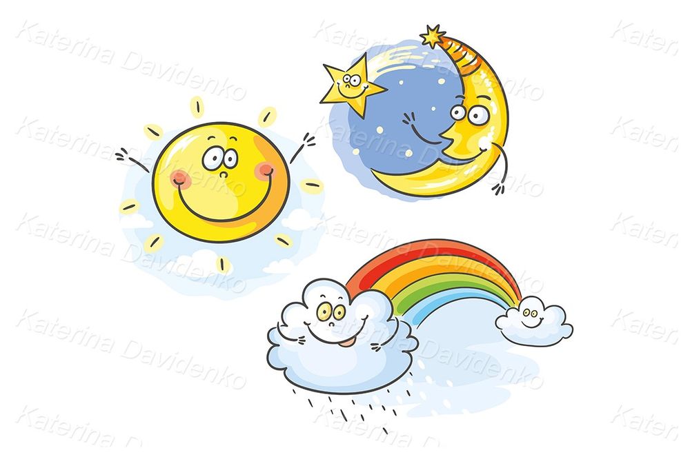 Set of cartoon moon, cloud and sun weather clipart
