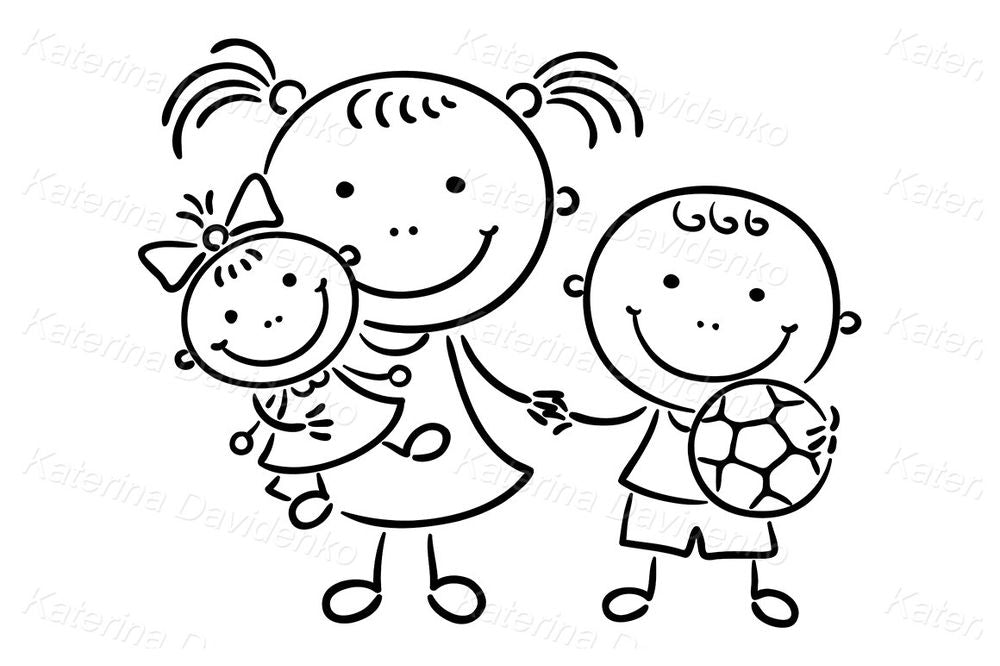 Cartoon Siblings with Toy Doll and Soccer Ball – Kids Clipart