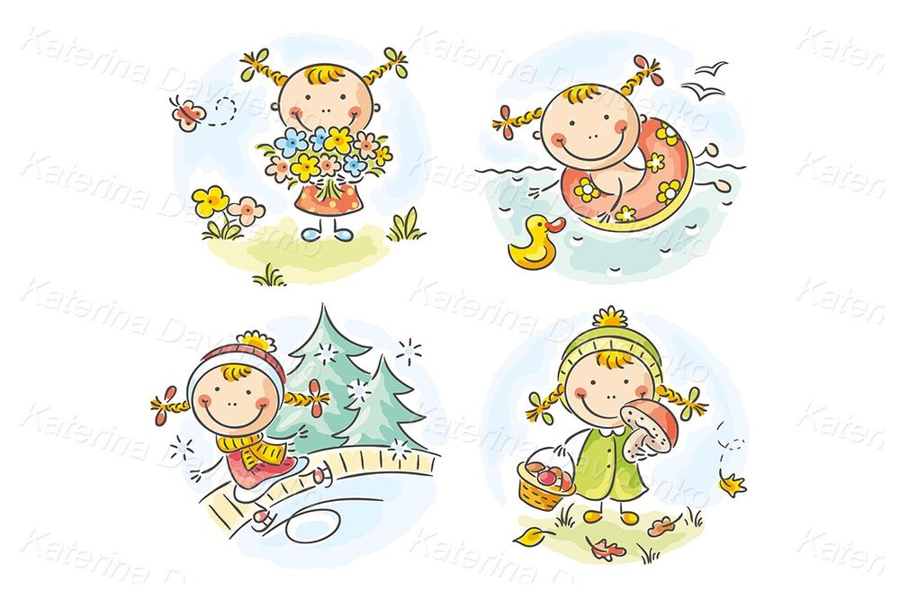 Cartoon girl four seasons clipart set