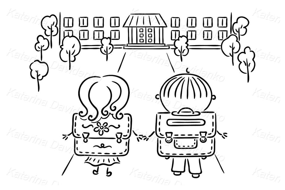 Back to School Kids Clipart – Cute Children with Backpacks Walking to School Building
