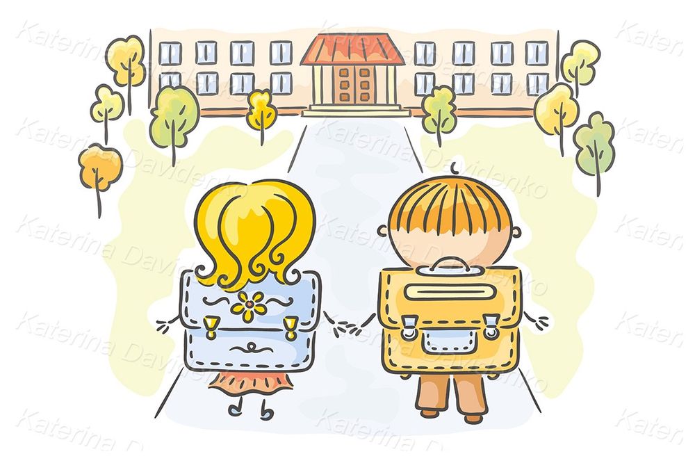 Back to school. Doodle cartoon kids going to school illustration
