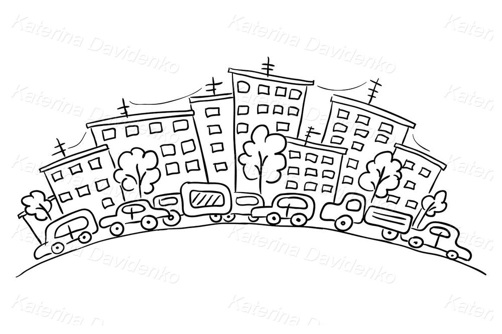 Colorful Cartoon Cityscape Clipart – Urban Buildings and Cars for Websites, Worksheets & Digital Designs