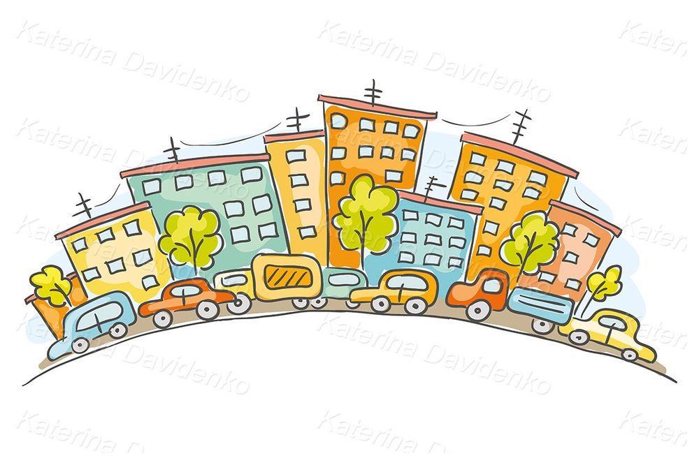 Cartoon cityscape with cars and houses clipart