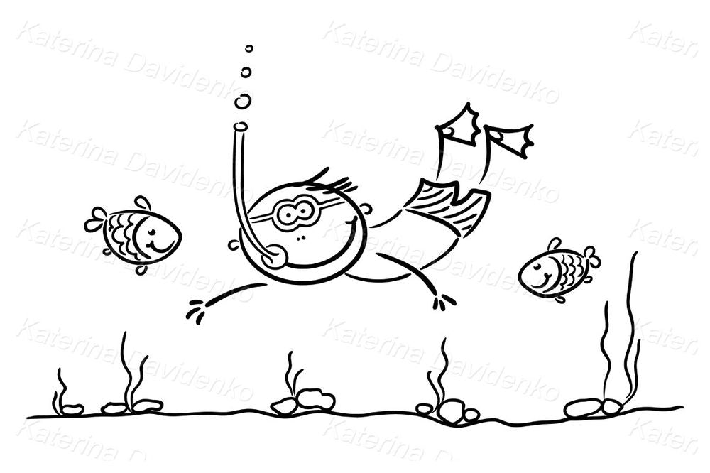 Cartoon Man Snorkeling with Fish – Underwater Swimming Summer Clipart