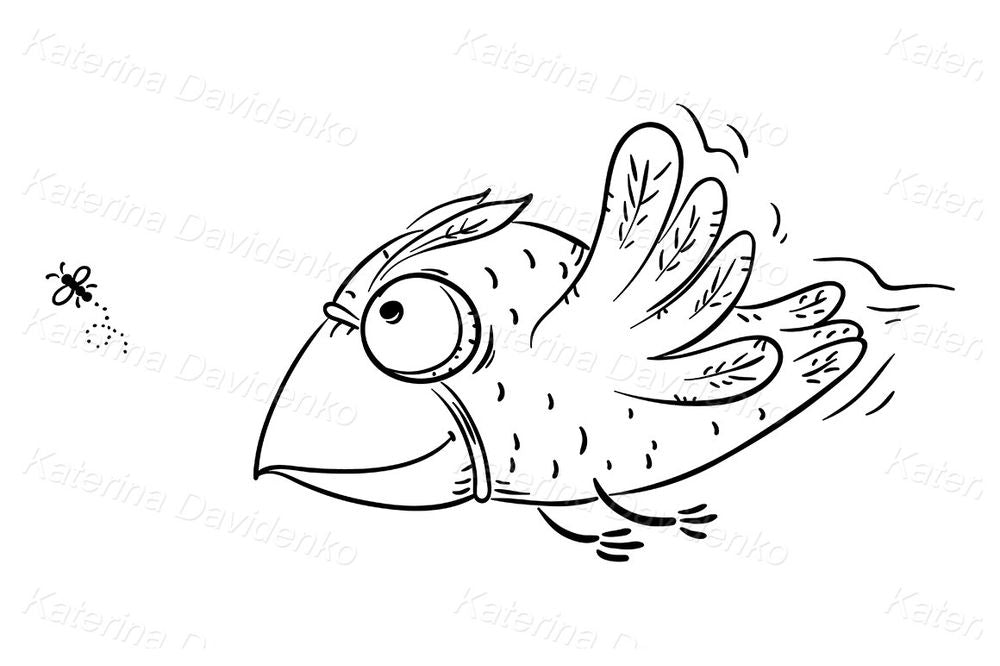 Funny Cartoon Bird Flying After Insect– Whimsical Animal Clipart for Kids Books and Posters