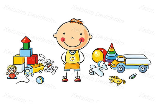Cartoon kids clipart. cute boy with toys