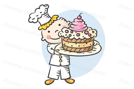 Child's drawing cartoon cute cook chef with cake image svg pdf