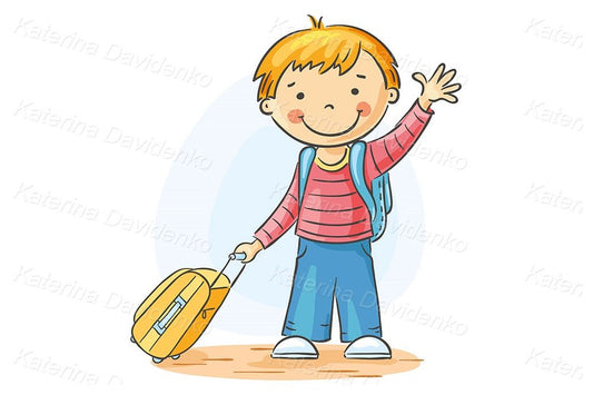 Cartoon child with a suitcase and backpack travelling clipart