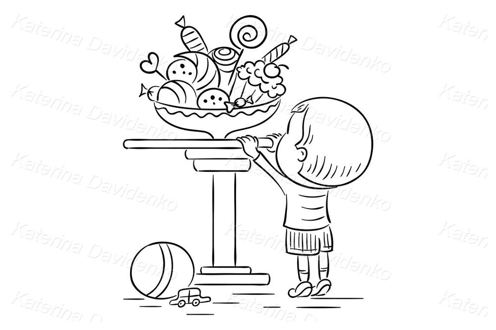 Cute Kid Reaching for Candy – Cartoon Illustration of Child and Sweets