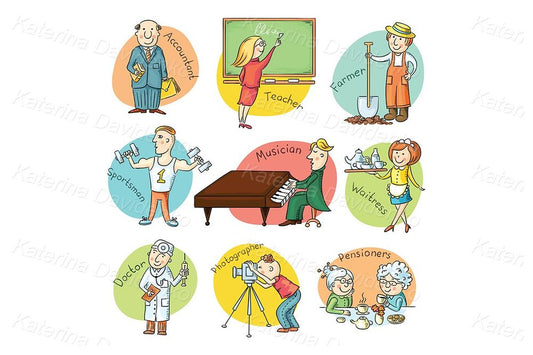 Hand drawn cartoon professions images, occupations clipart