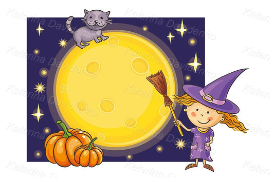 Witch and Moon Halloween illustration for kids