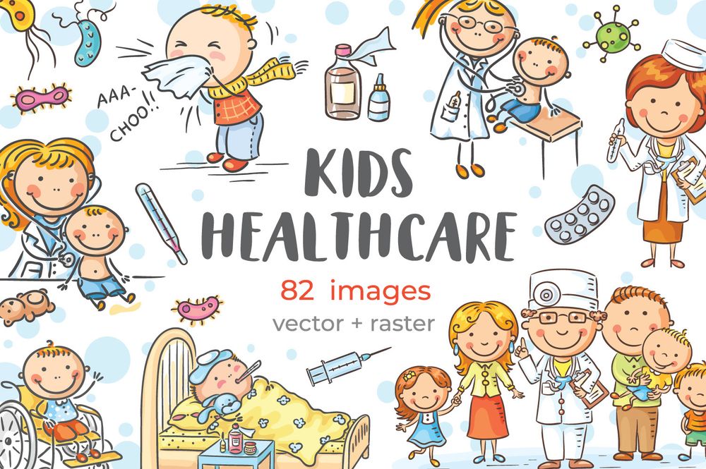 A bundle of healthcare clipart with children, families, doctors, illnesses and germs