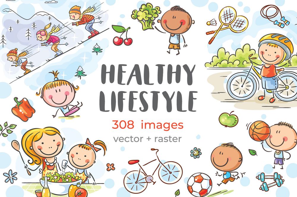 cartoon kids and families doing sports and eating healthy food. Healthy lifestyle bundle